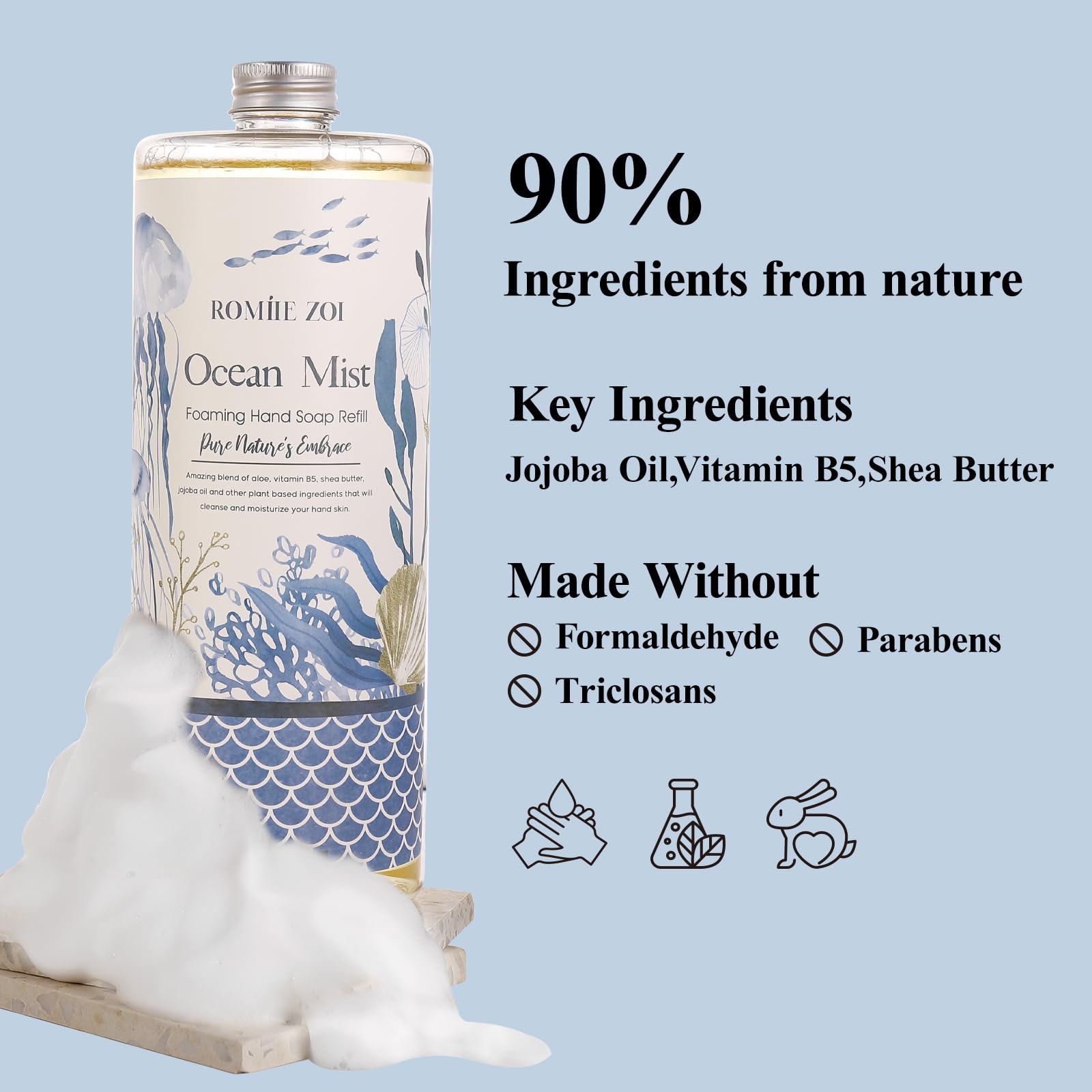 ROMIIE ZOI Ocean Mist Foaming Hand Soap Refills with Reusable Dispenser – 3 x 1L