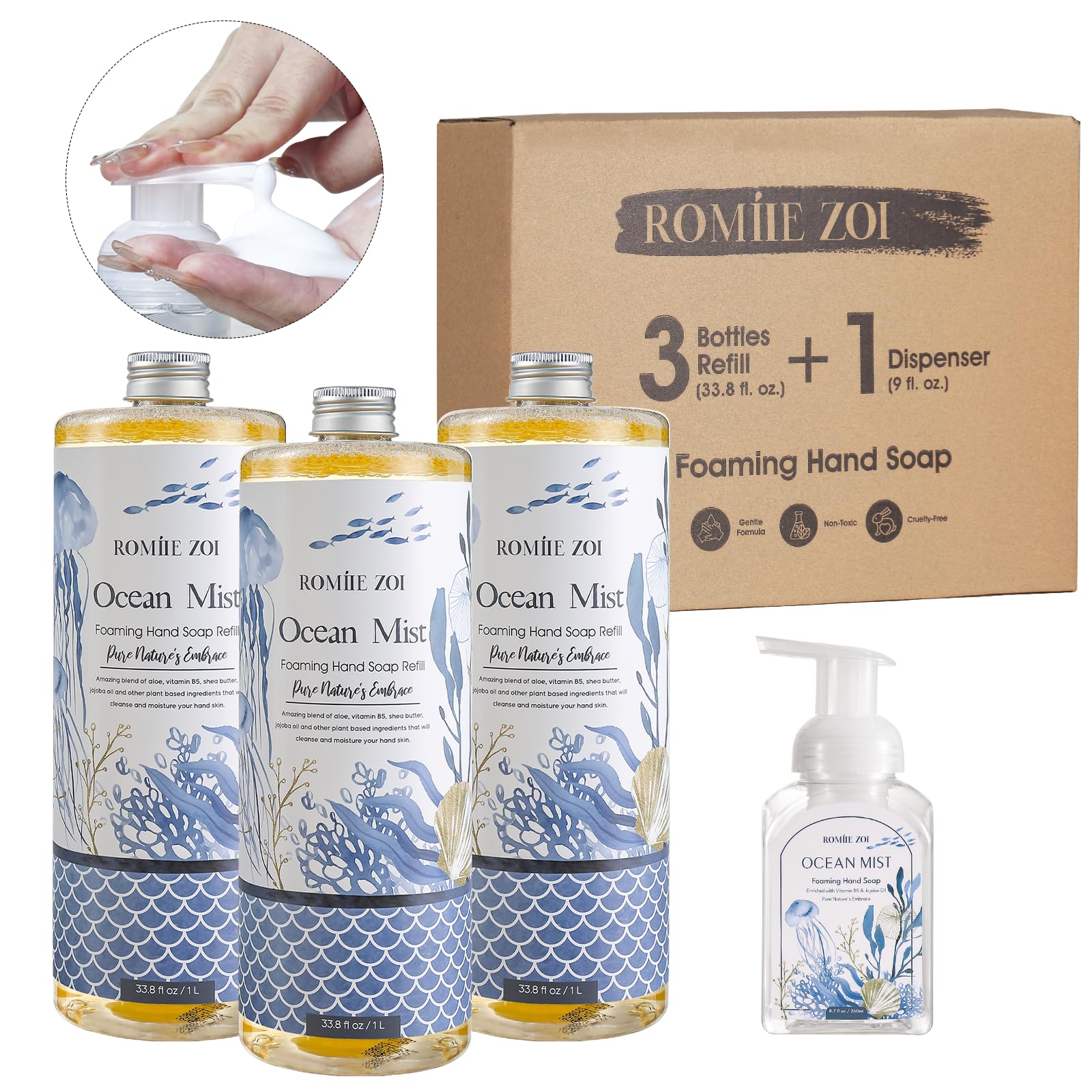 ROMIIE ZOI Ocean Mist Foaming Hand Soap Refills with Reusable Dispenser – 3 x 1L