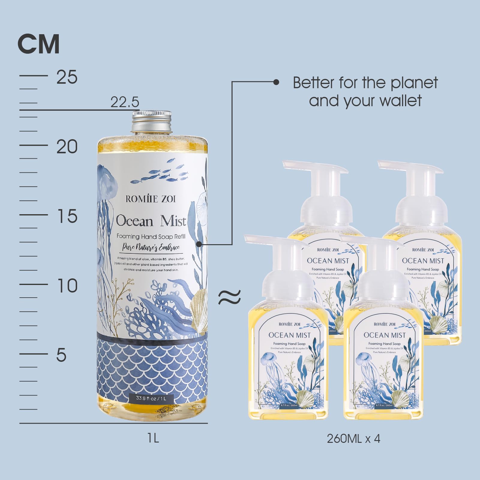 ROMIIE ZOI Ocean Mist Foaming Hand Soap Refills with Reusable Dispenser – 3 x 1L