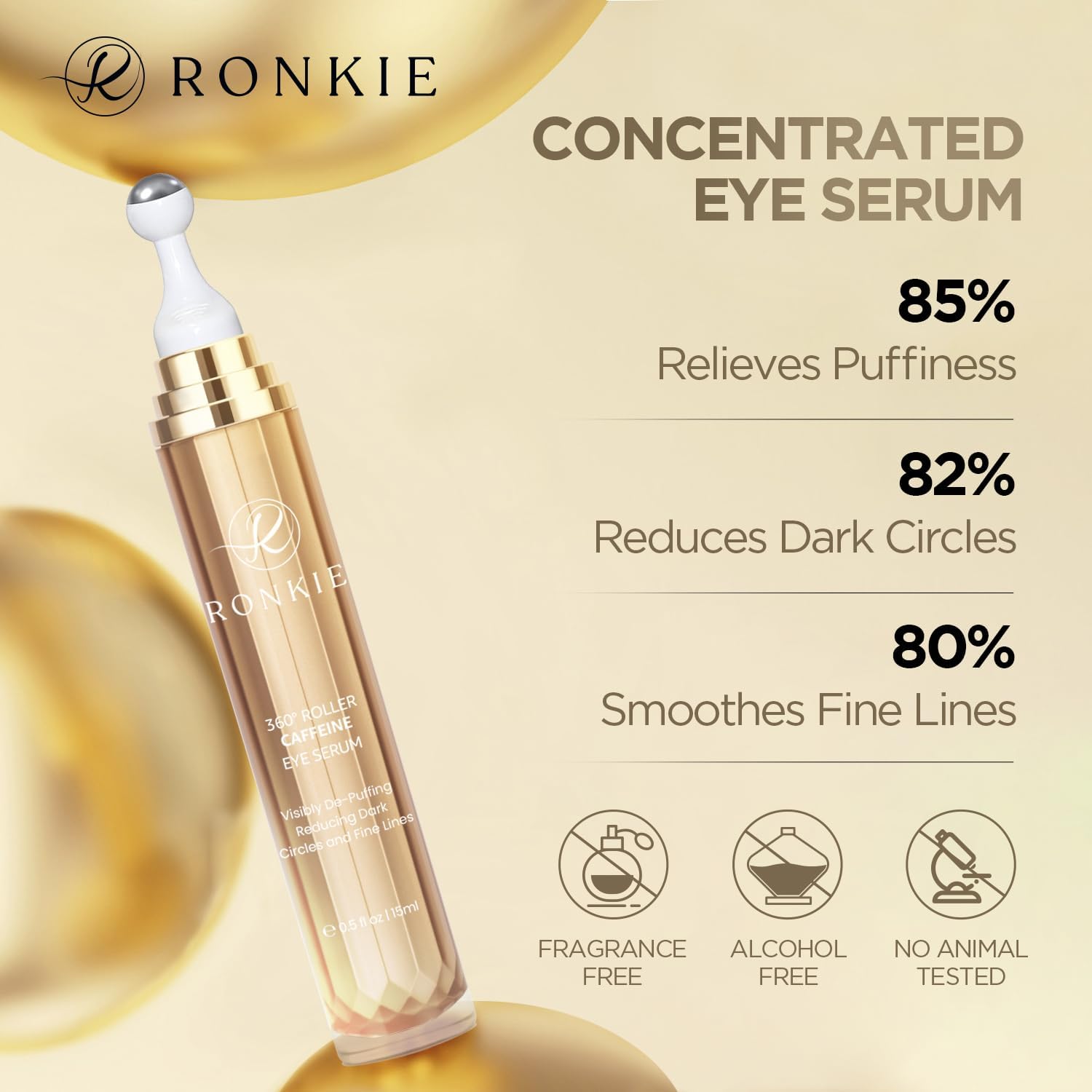 RONKIE Eye Cream for Dark Circles: Caffeine + Retinol for Brighter Eyes – Reduces Puffiness & Fine Lines (Gold)