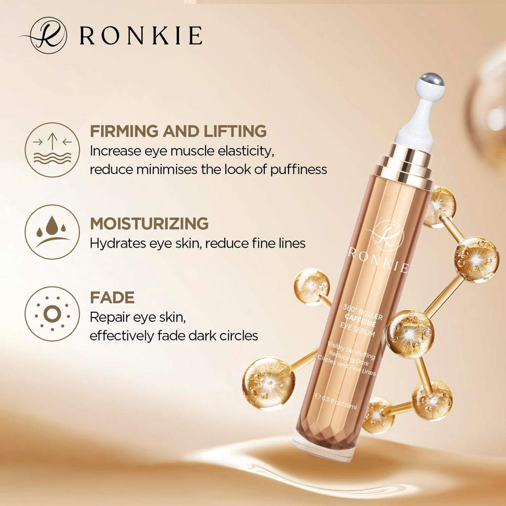 RONKIE Eye Cream for Dark Circles: Caffeine + Retinol for Brighter Eyes – Reduces Puffiness & Fine Lines (Gold)