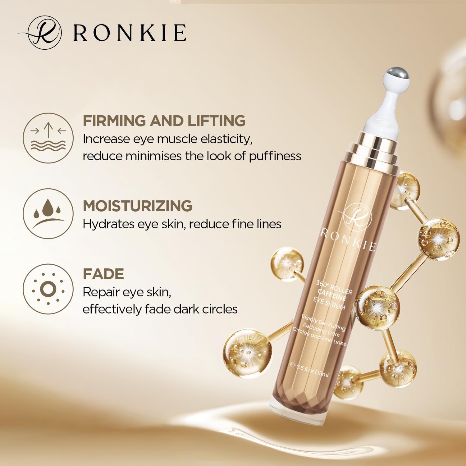 RONKIE Eye Cream for Dark Circles: Caffeine + Retinol for Brighter Eyes – Reduces Puffiness & Fine Lines (Gold)