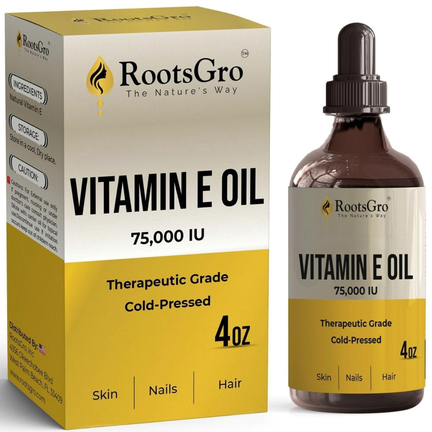 RootsGro Vitamin E Oil 75,000 IU – Lightweight, Fast-Absorbing Oil for Face, Skin, Hair & Nails – 4 fl oz with Dropper