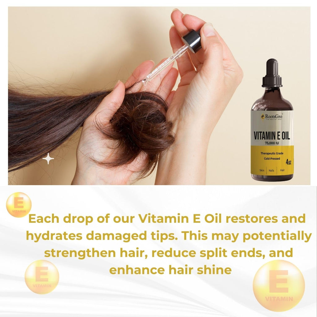 RootsGro Vitamin E Oil 75,000 IU – Lightweight, Fast-Absorbing Oil for Face, Skin, Hair & Nails – 4 fl oz with Dropper