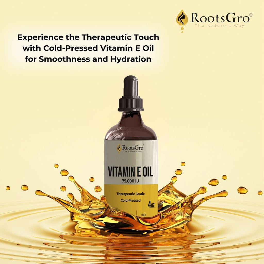 RootsGro Vitamin E Oil 75,000 IU – Lightweight, Fast-Absorbing Oil for Face, Skin, Hair & Nails – 4 fl oz with Dropper