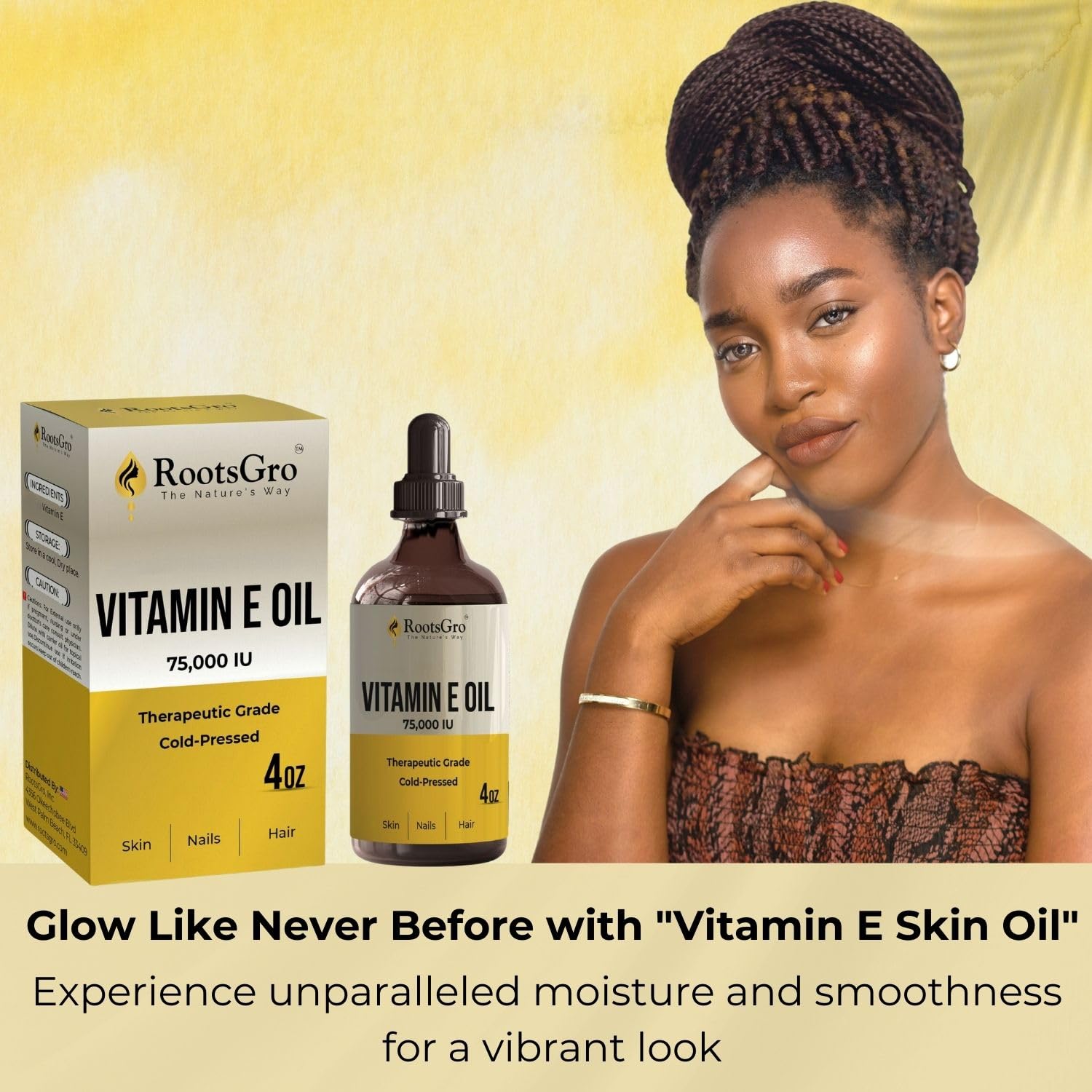 RootsGro Vitamin E Oil 75,000 IU – Lightweight, Fast-Absorbing Oil for Face, Skin, Hair & Nails – 4 fl oz with Dropper