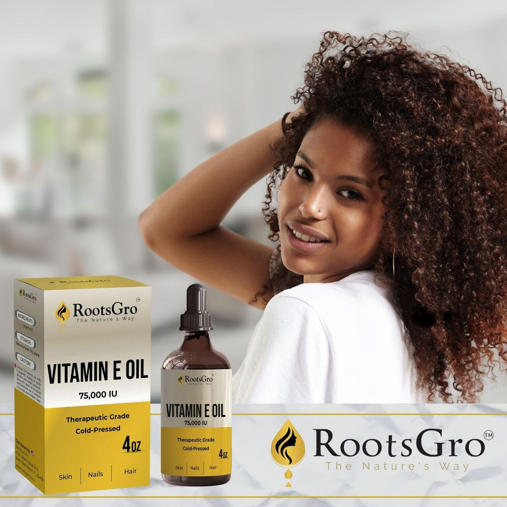 RootsGro Vitamin E Oil 75,000 IU – Lightweight, Fast-Absorbing Oil for Face, Skin, Hair & Nails – 4 fl oz with Dropper