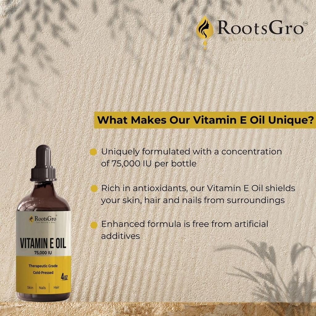 RootsGro Vitamin E Oil 75,000 IU – Lightweight, Fast-Absorbing Oil for Face, Skin, Hair & Nails – 4 fl oz with Dropper