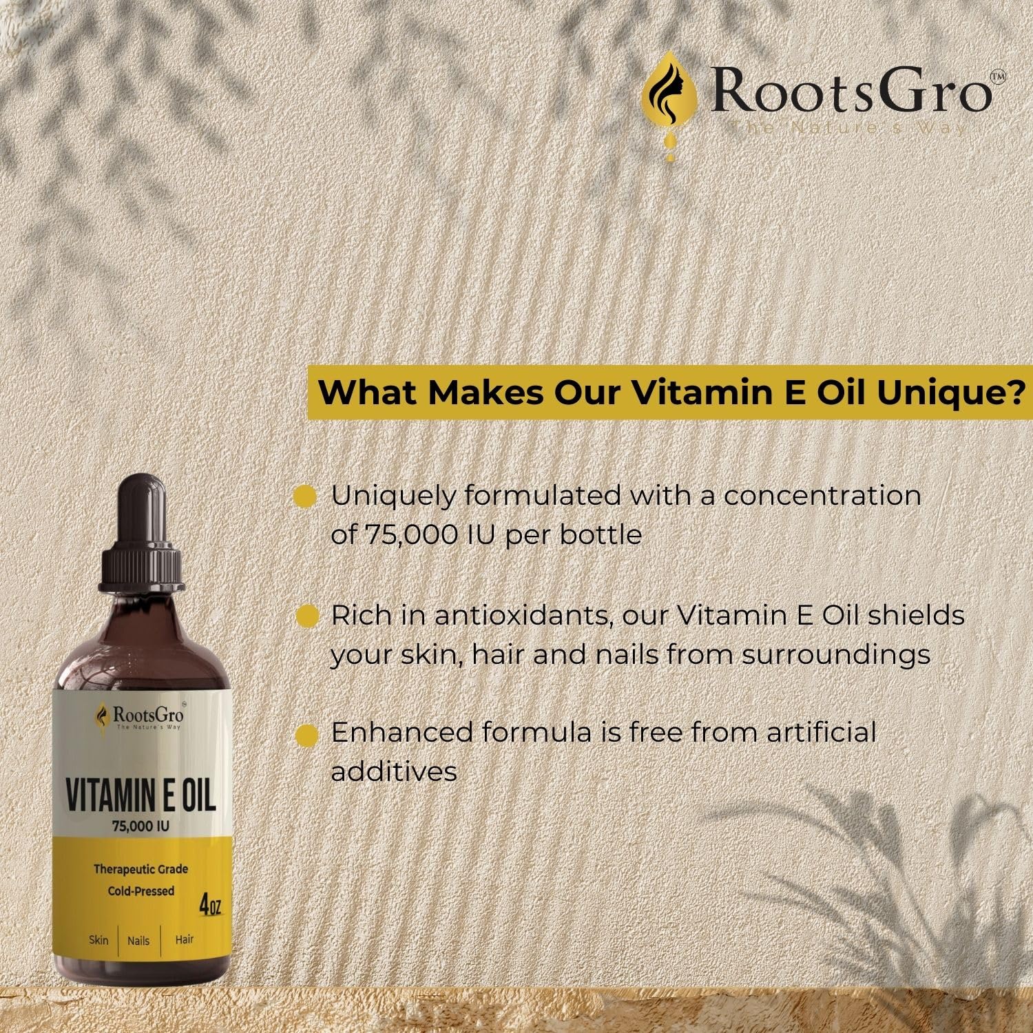 RootsGro Vitamin E Oil 75,000 IU – Lightweight, Fast-Absorbing Oil for Face, Skin, Hair & Nails – 4 fl oz with Dropper
