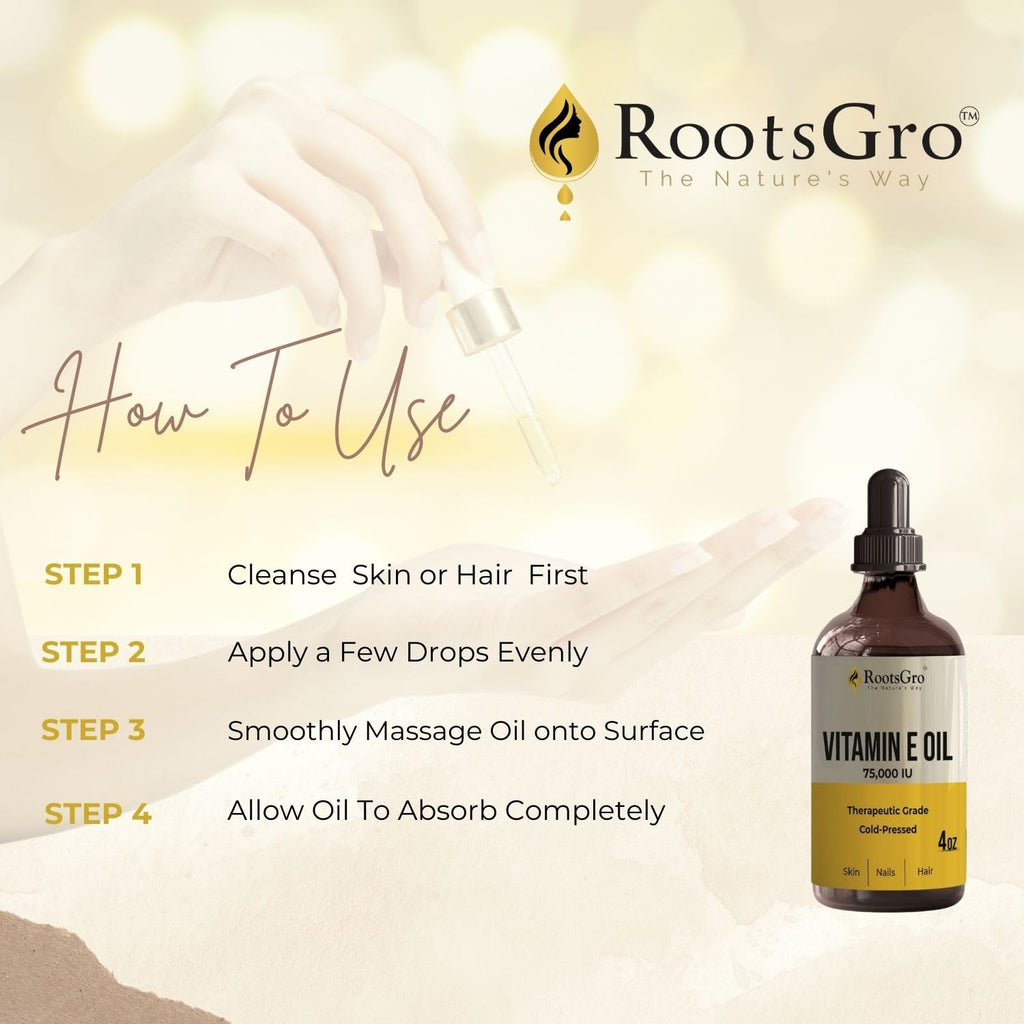 RootsGro Vitamin E Oil 75,000 IU – Lightweight, Fast-Absorbing Oil for Face, Skin, Hair & Nails – 4 fl oz with Dropper