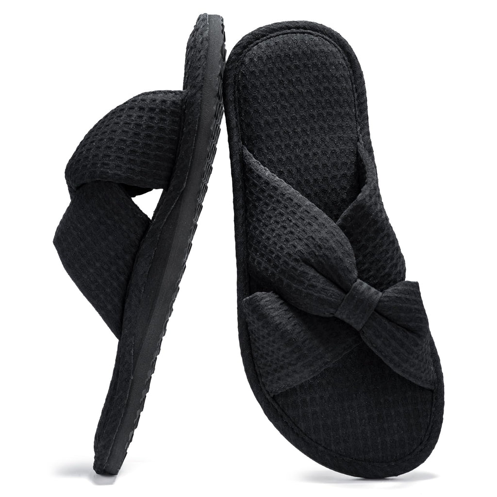 ROPULP Women’s Arch-Support House Slippers – Crossbands, Waffle Knit, Black, Size 10