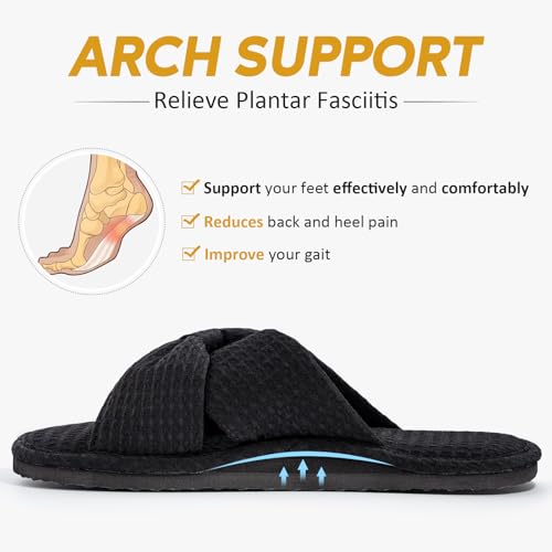 ROPULP House Slippers for Women with Arch Support – Black, Size 6 | Waffle Knit Crossband Slides