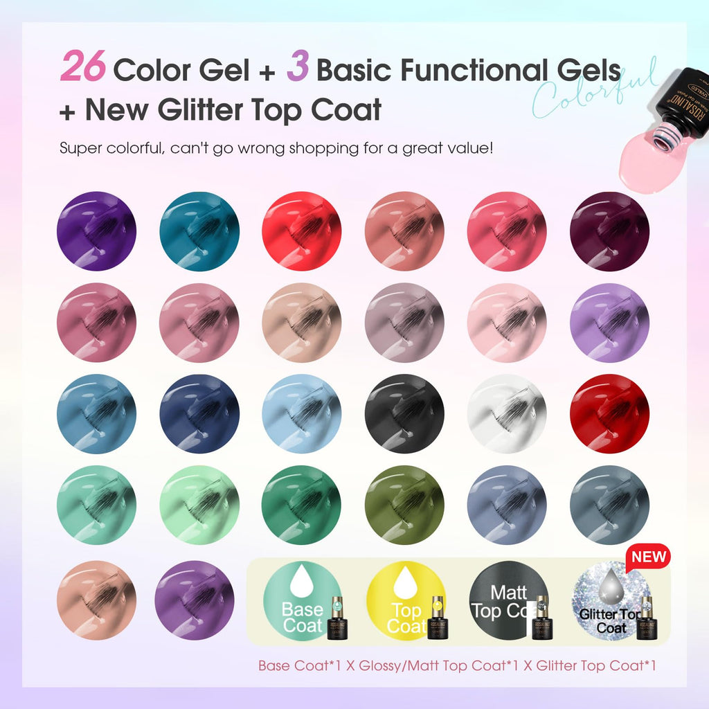 ROSALIND 30-Piece Gel Nail Polish Set – 26 Classic Colors + Base & Top Coats