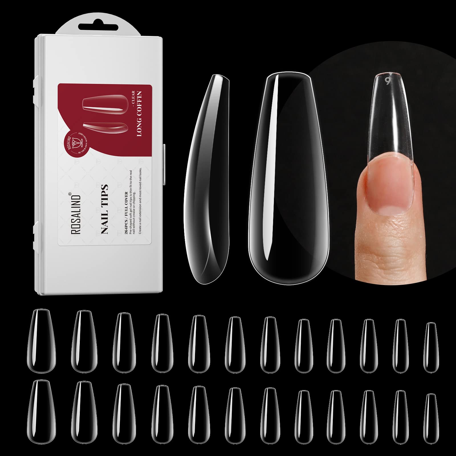 ROSALIND 264Pcs Long Coffin Clear Nail Tips – Full-Cover Press-On Nails with 12 Sizes