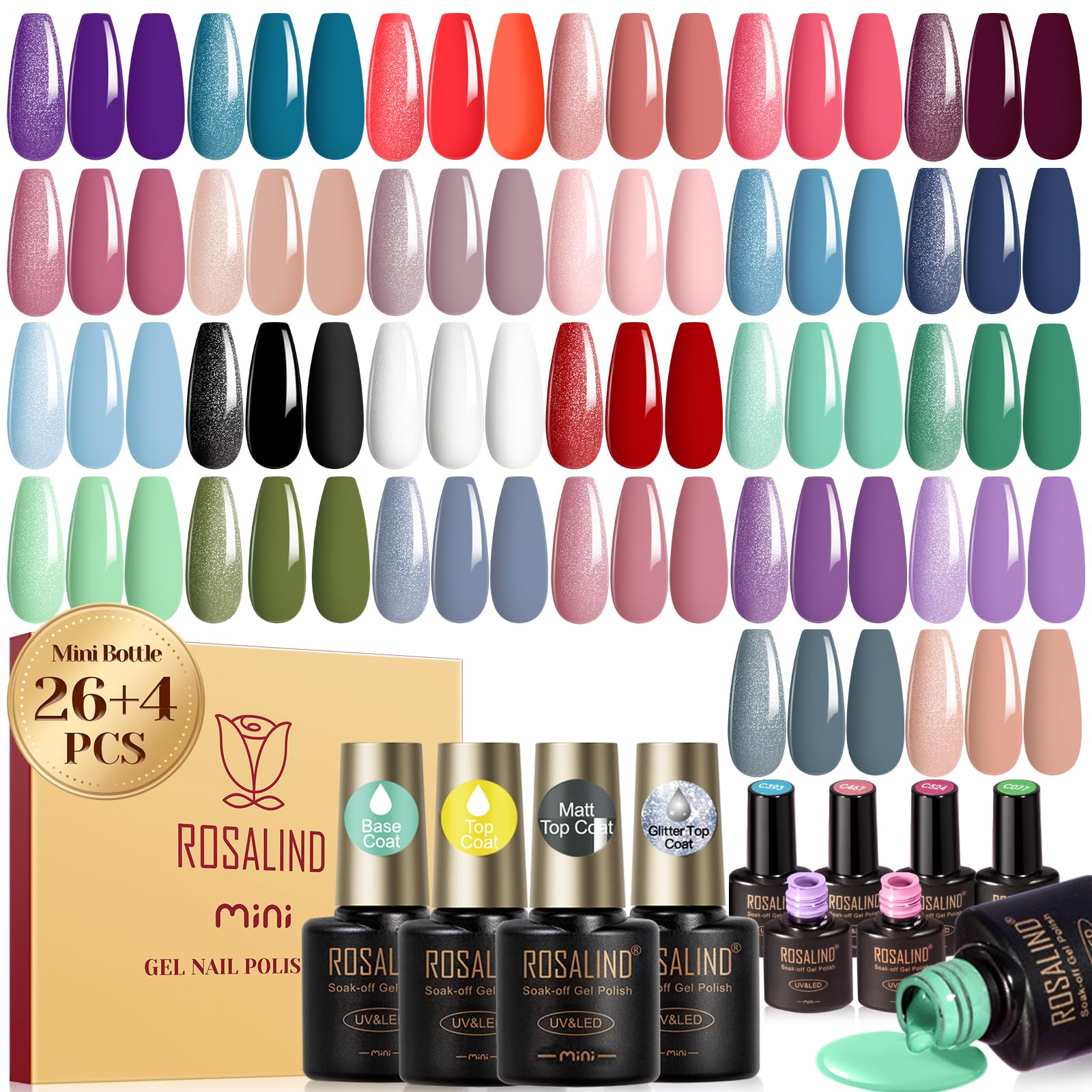 ROSALIND 30-Piece Gel Nail Polish Set – 26 Classic Colors + Base & Top Coats