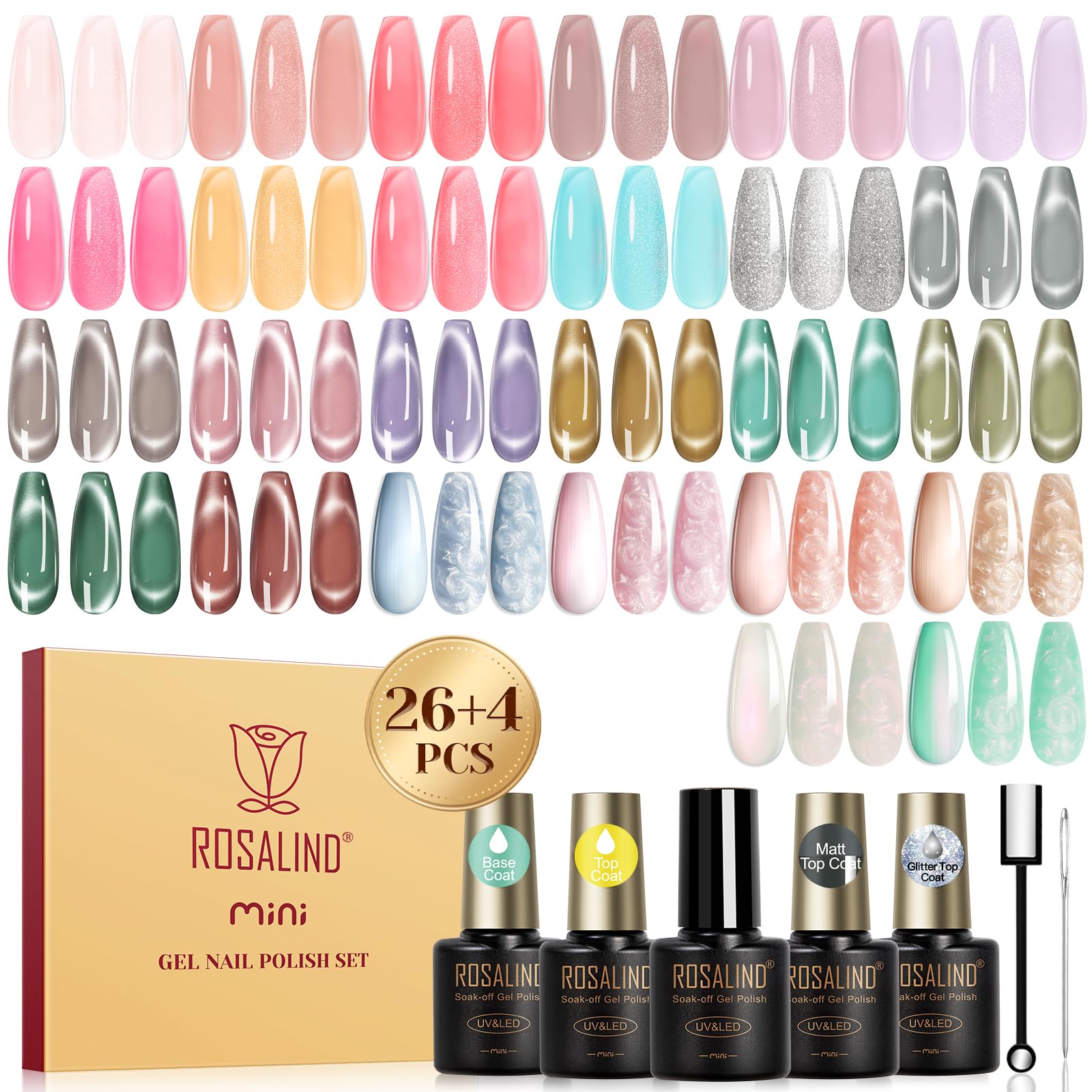 ROSALIND 30pcs Jelly Cat Eye Pearl Gel Polish Set – 26 Colors + Magnet