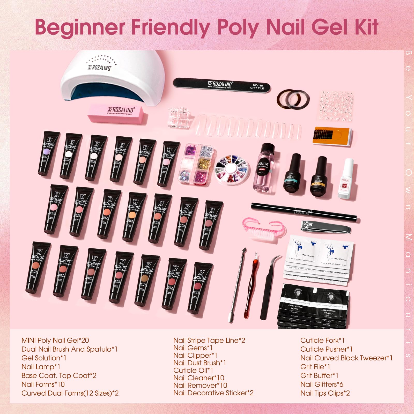 ROSALIND Poly Nail Gel Kit – 20 Colors + 72-Piece Nail Art Accessories Set with 48W Lamp