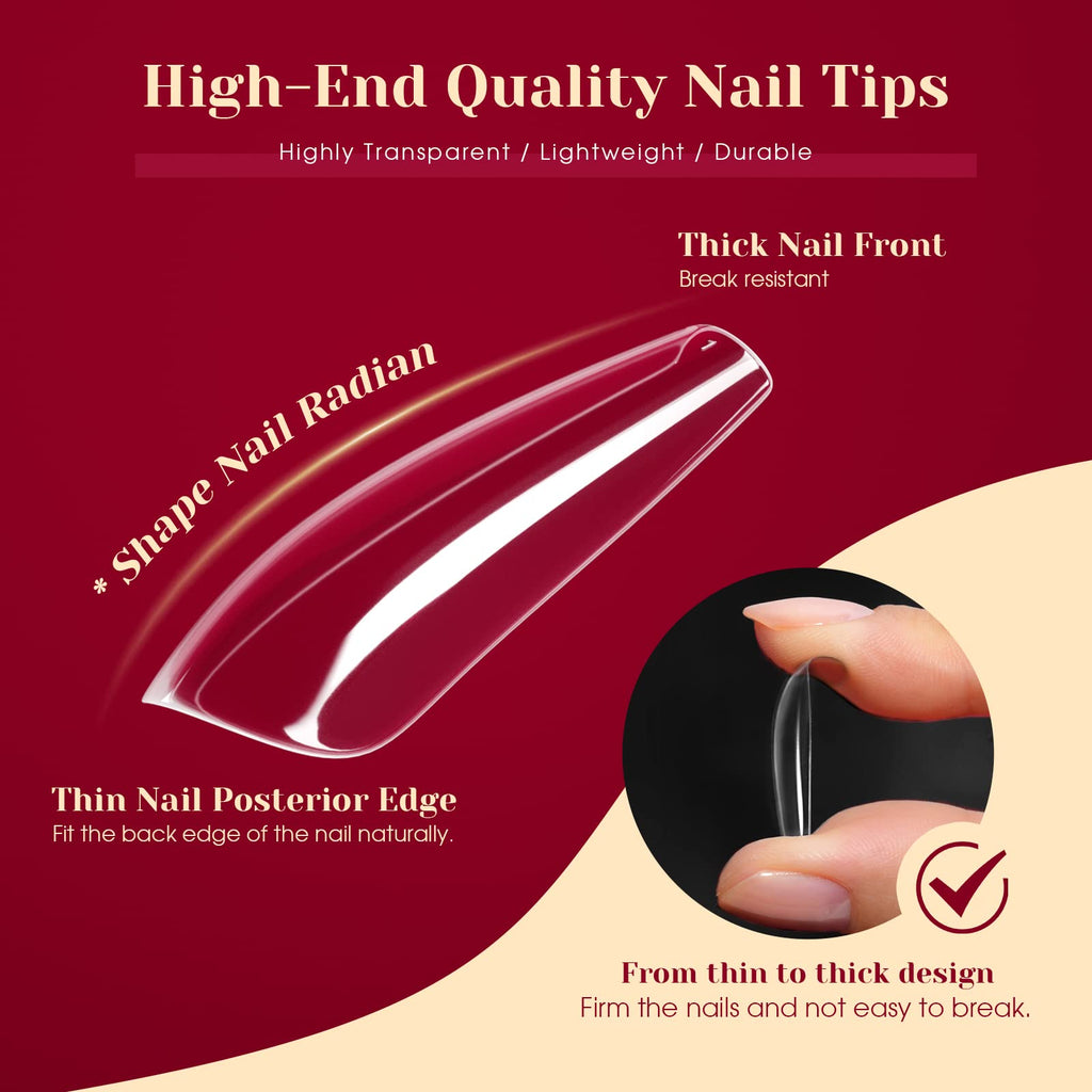 ROSALIND 264Pcs Long Coffin Clear Nail Tips – Full-Cover Press-On Nails with 12 Sizes