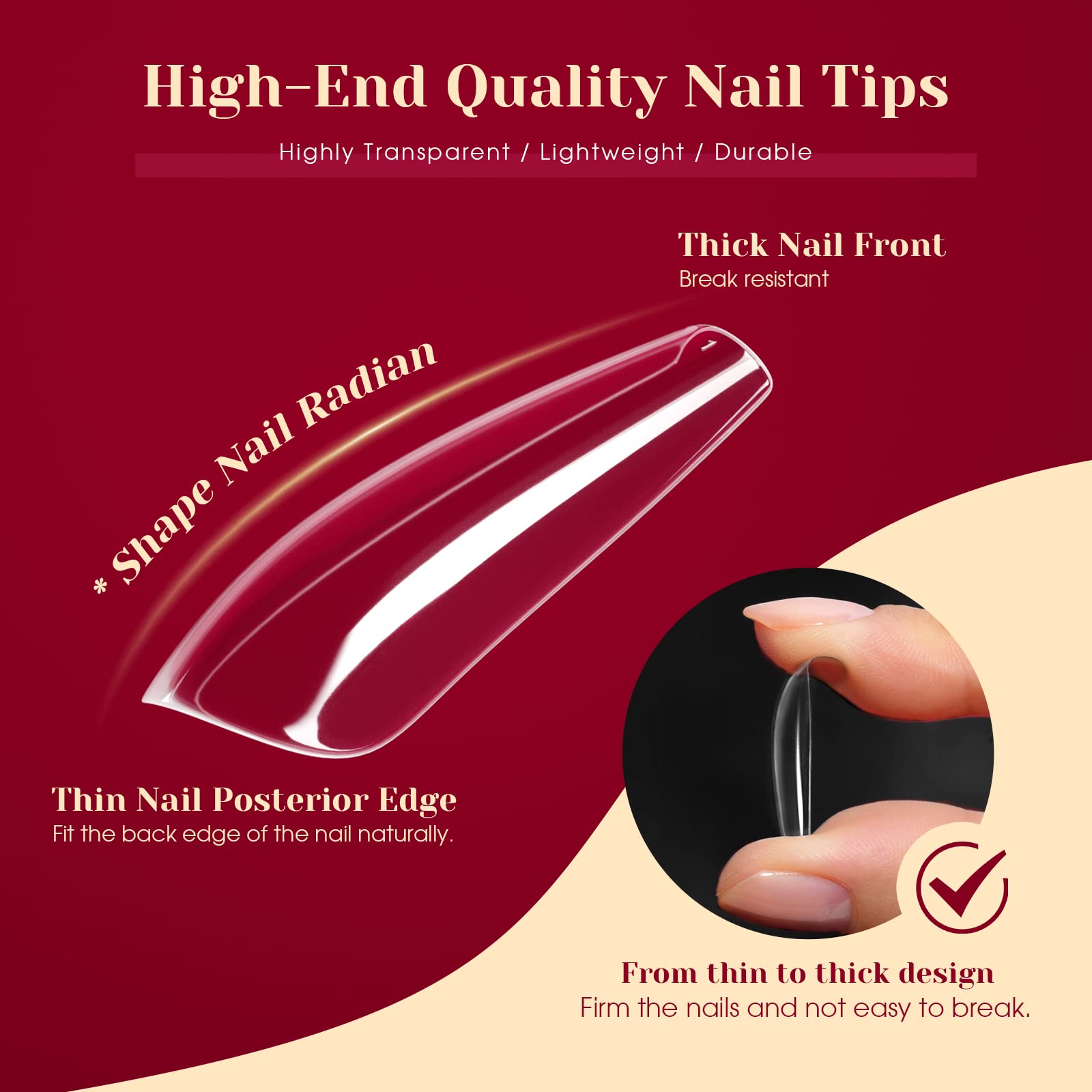 ROSALIND 264Pcs Long Coffin Clear Nail Tips – Full-Cover Press-On Nails with 12 Sizes