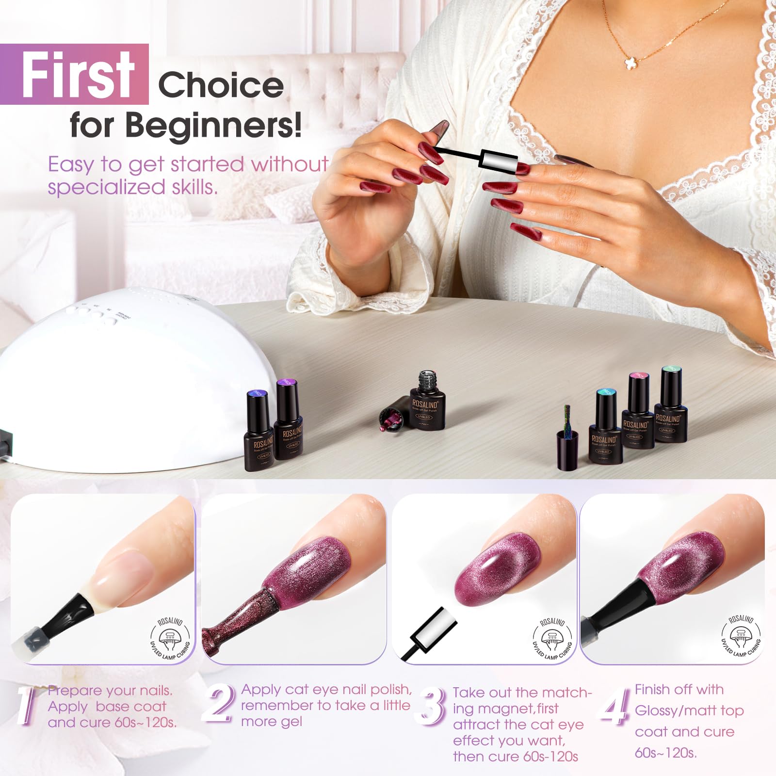 ROSALIND 8PCS Cat Eye Gel Polish with Magnet – Magnetic Diamond-Effect Nail Kit