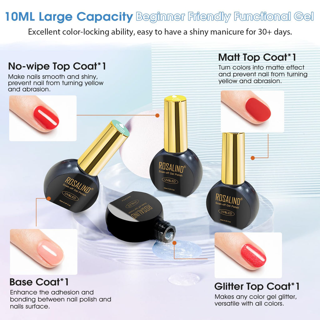 ROSALIND 25pcs Gel Nail Polish Set – 21 Colors + Cat Eye, Base & Top Coats, Soak Off UV/LED