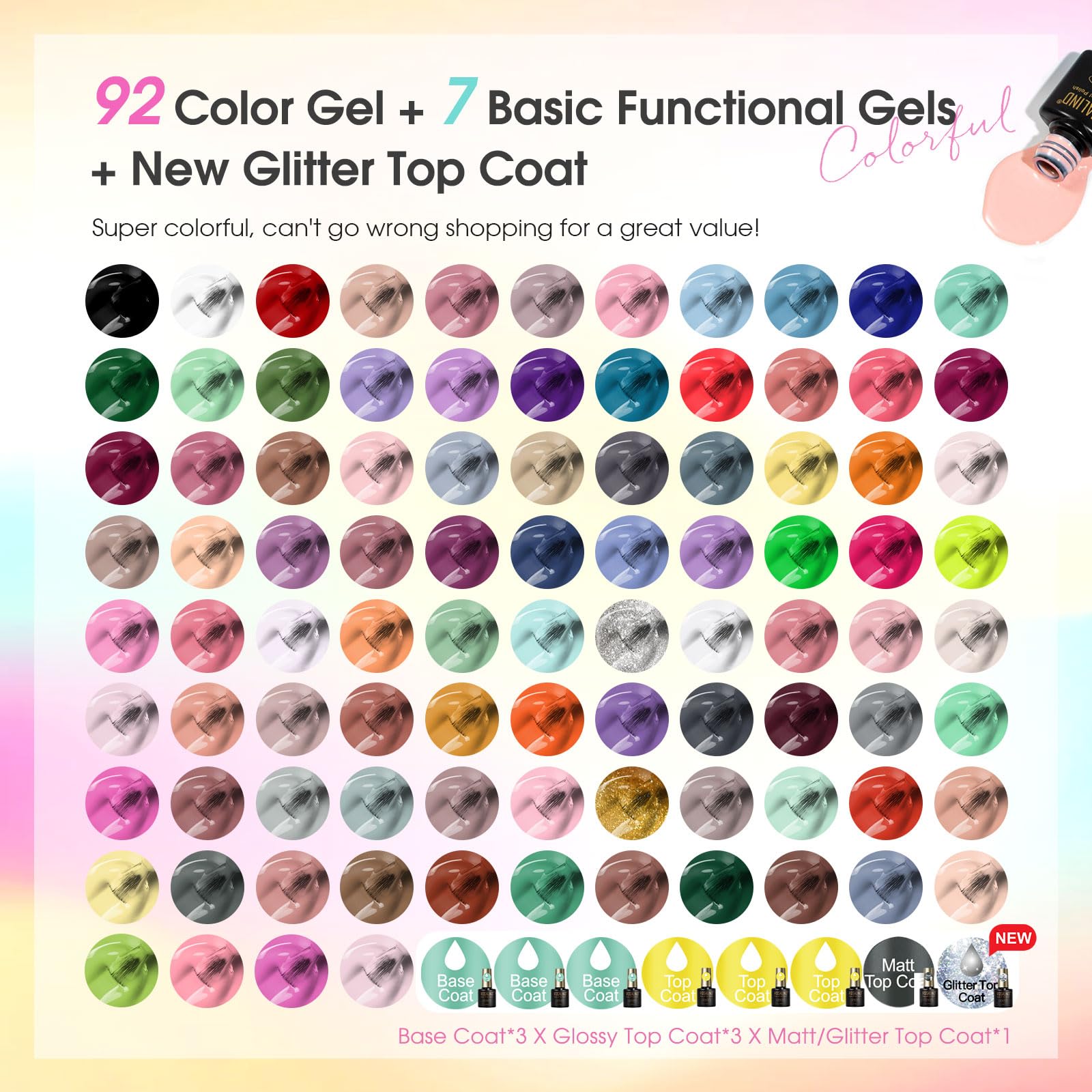 ROSALIND 100PCS Gel Nail Polish Set: 92 Colors + 8 Base/Top Coats – Starter Kit
