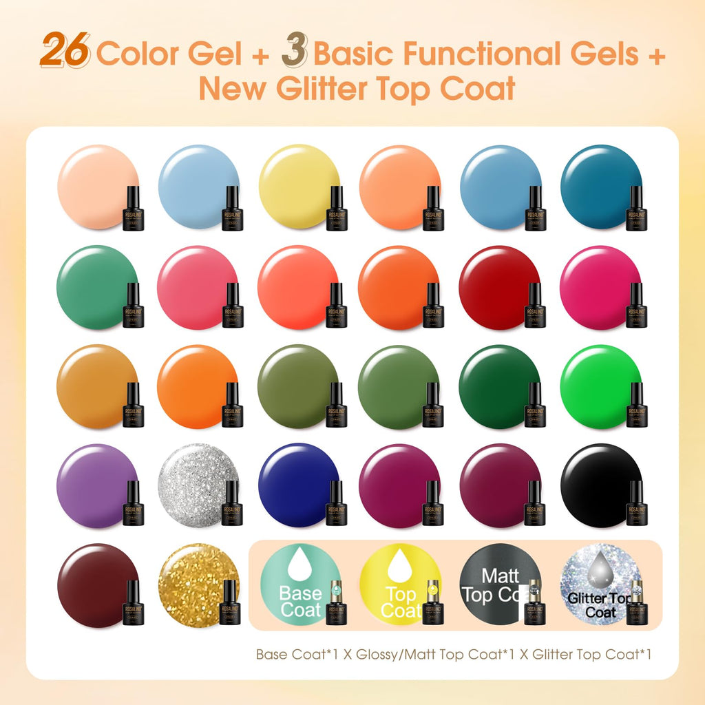 ROSALIND Fall Gel Nail Polish Set — 26 Colors with Base/Top Coats
