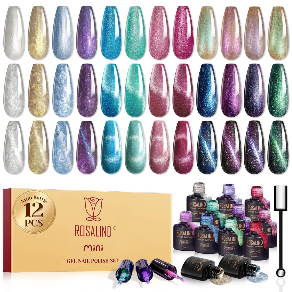 ROSALIND Cat Eye Gel Nail Polish with Magnet – 12 Mini Colors & Effects