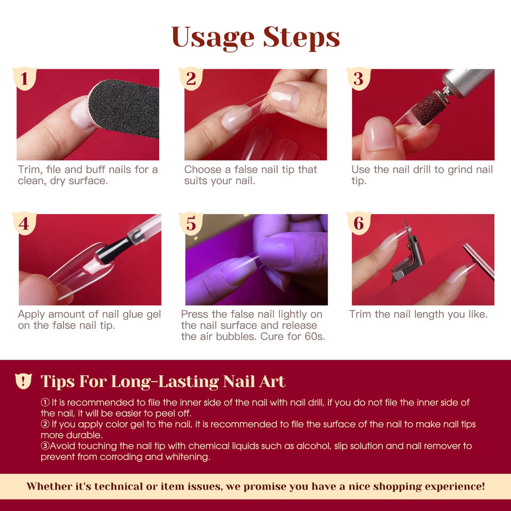 ROSALIND 264Pcs Long Coffin Clear Nail Tips – Full-Cover Press-On Nails with 12 Sizes