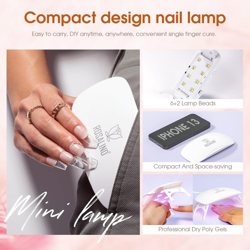 ROSALIND Poly Nail Gel Kit – 14 Colors, 72 Nail Art Accessories, Mini UV Lamp Starter Kit