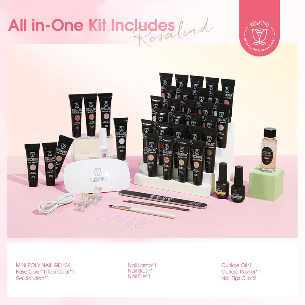 ROSALIND Poly Nail Gel Kit – 34 Colors + Mini UV Lamp Starter Set