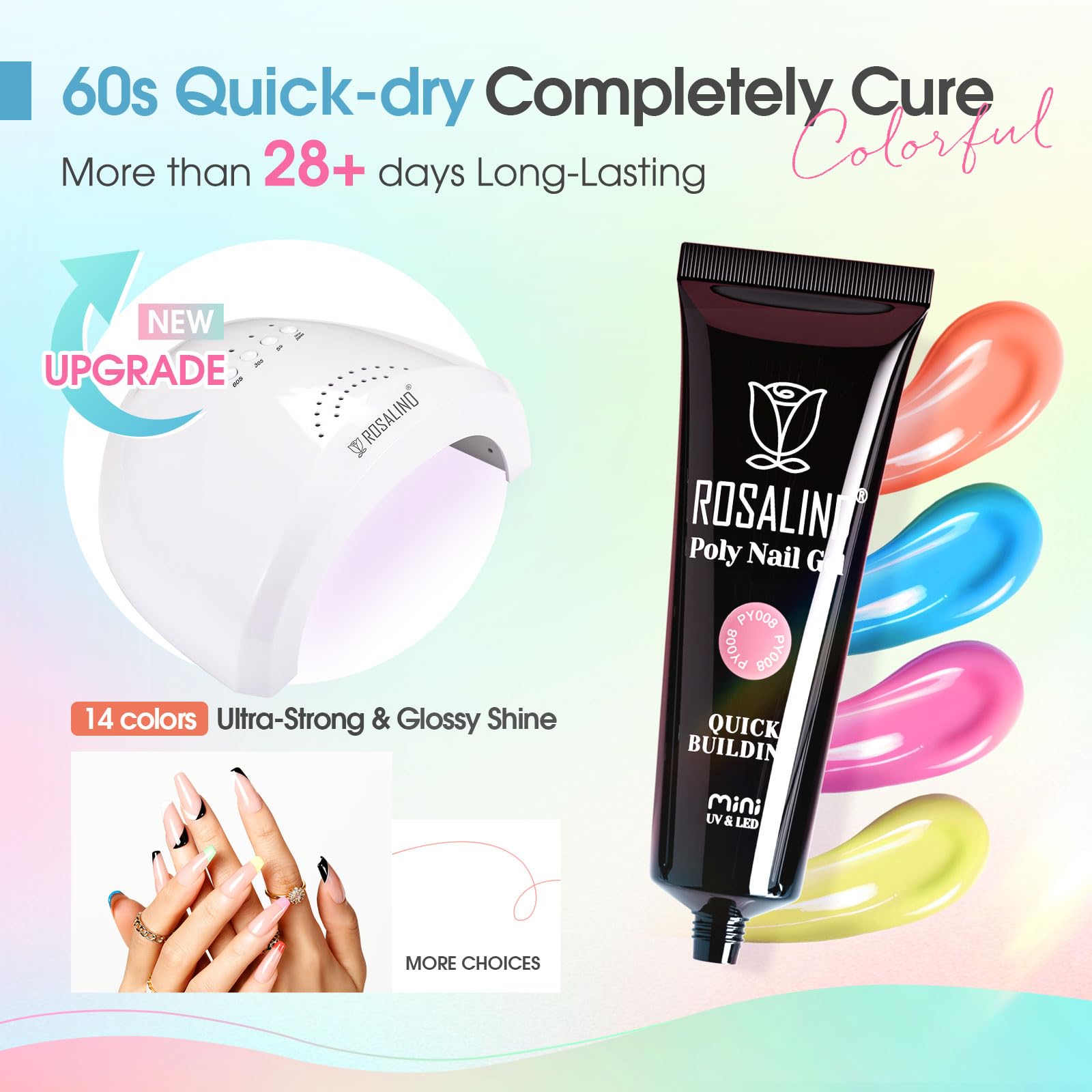 ROSALIND Colors Poly Nail Gel Kit – 14 Colors, 48W Lamp & Slip Solution Starter Set