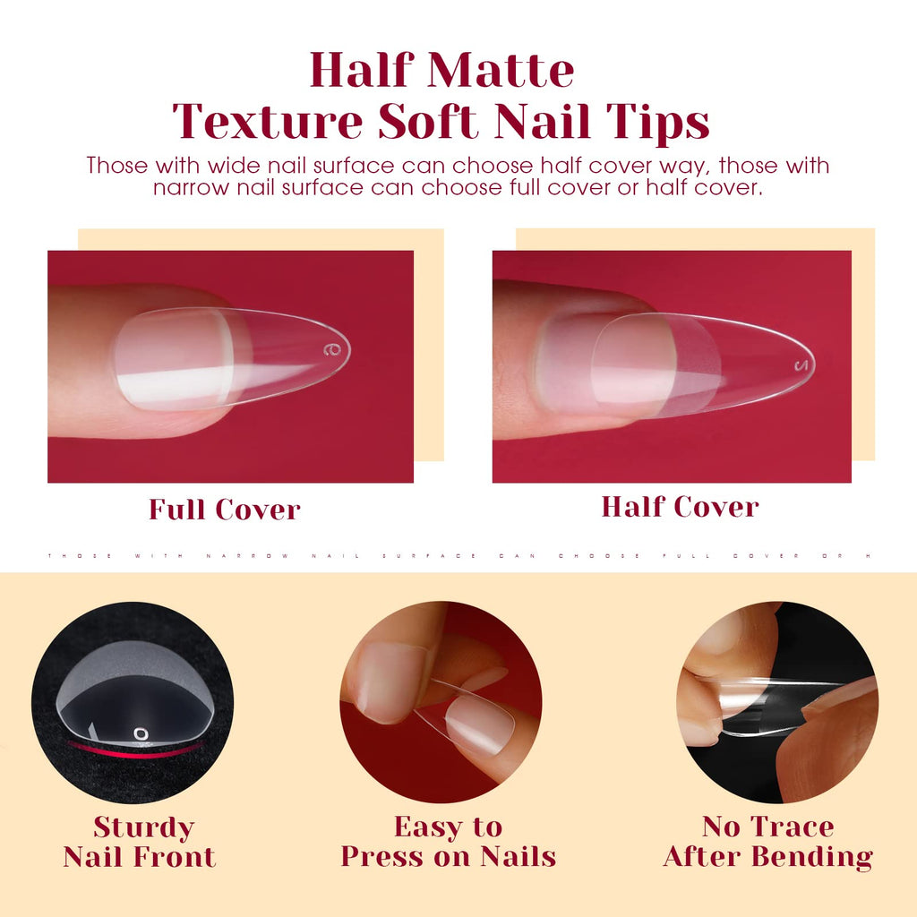 ROSALIND 264PCS Half Matte Almond Nail Tips – Full Cover PMMA, 12 Sizes for DIY Nail Extensions