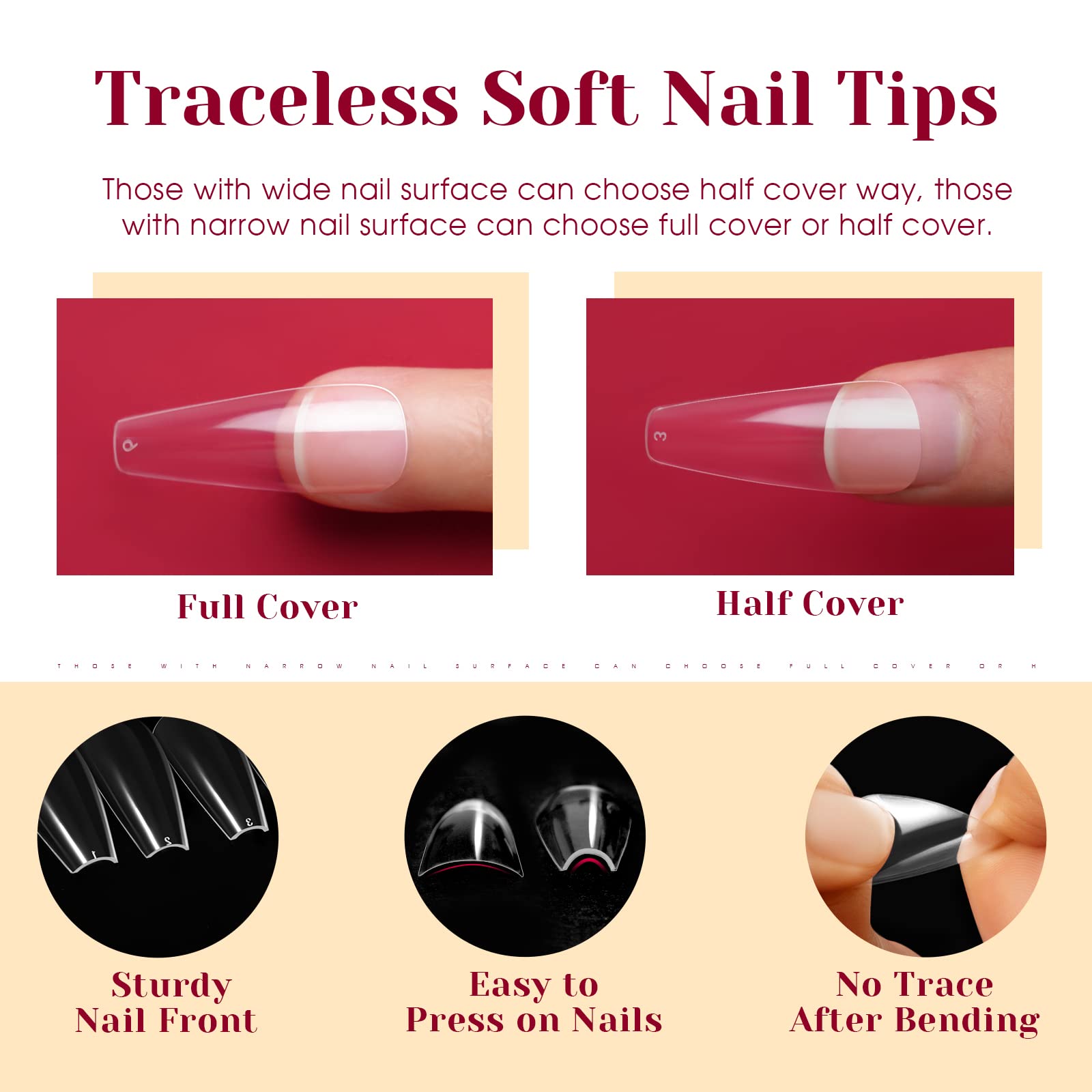 ROSALIND 264Pcs Long Coffin Clear Nail Tips – Full-Cover Press-On Nails with 12 Sizes
