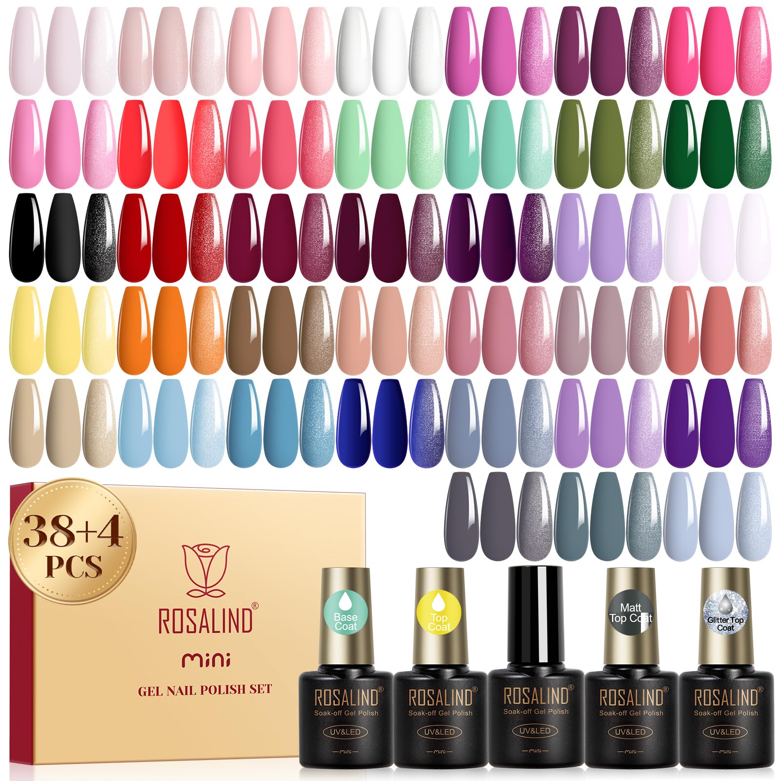 ROSALIND Gel Nail Polish Set – 38 Colors for All Seasons with Base Coat & Glossy/Matte/Glitter Top Coats | DIY Manicure Kit