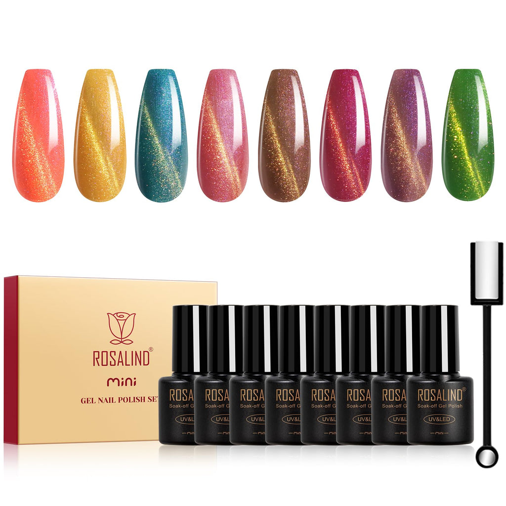 ROSALIND Gold Glitter Cat Eye Gel Polish – 8 Magnetic Colors with Magnet, Soak Off UV Gels