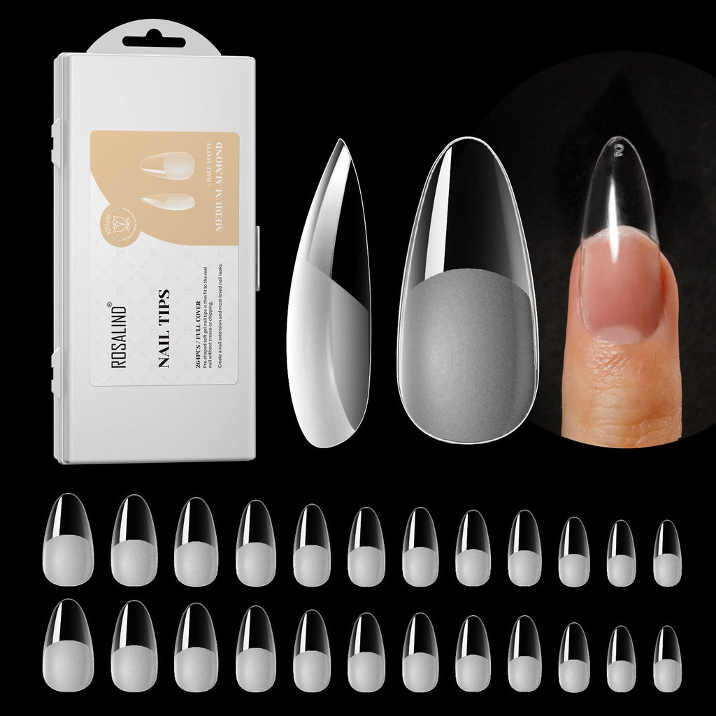ROSALIND 264PCS Half Matte Almond Nail Tips – Full Cover PMMA, 12 Sizes for DIY Nail Extensions