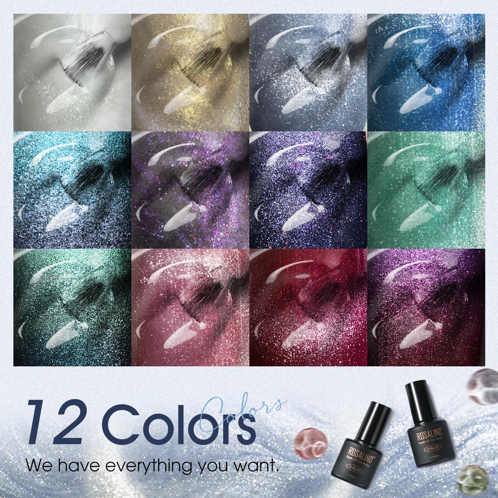 ROSALIND Cat Eye Gel Nail Polish with Magnet – 12 Mini Colors & Effects