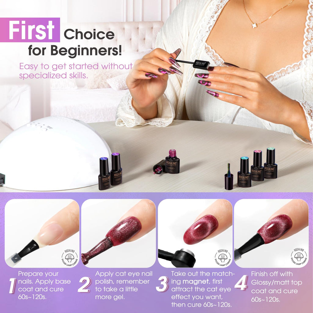 ROSALIND Cat Eye Gel Nail Polish with Magnet – 12 Mini Colors & Effects