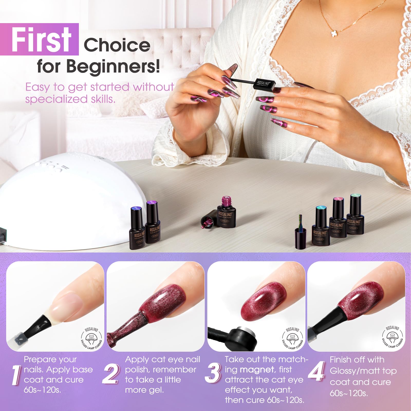 ROSALIND Cat Eye Gel Nail Polish with Magnet – 12 Mini Colors & Effects