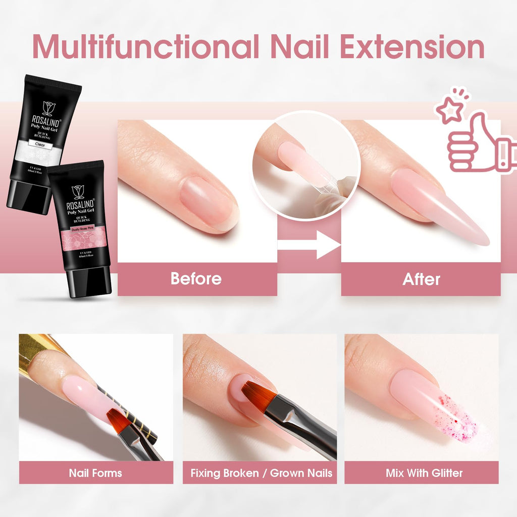 ROSALIND Clear Rose Pink Poly Nail Gel Set – 2 x 60ml for DIY Nail Extensions