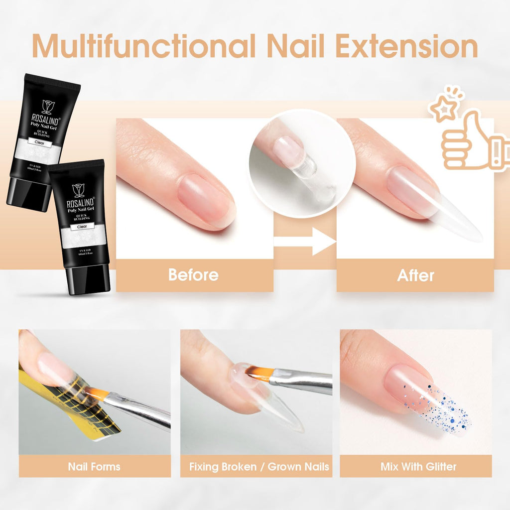 Rosalind Clear Acrylic Poly Extension Gel – 2-Pack 60ml Nail Builder Kit for DIY Nails | UV/LED Cure