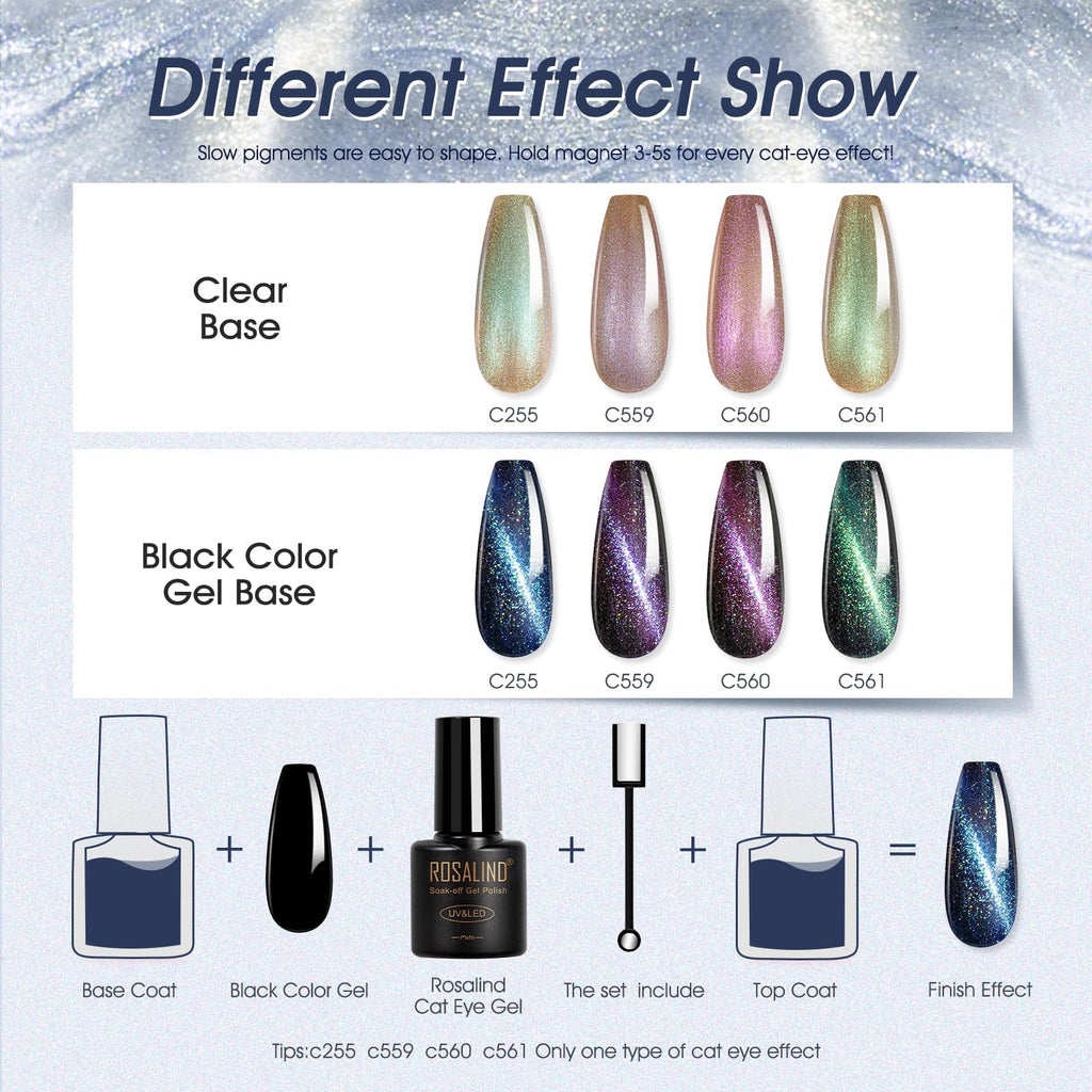 ROSALIND Cat Eye Gel Nail Polish with Magnet – 12 Mini Colors & Effects