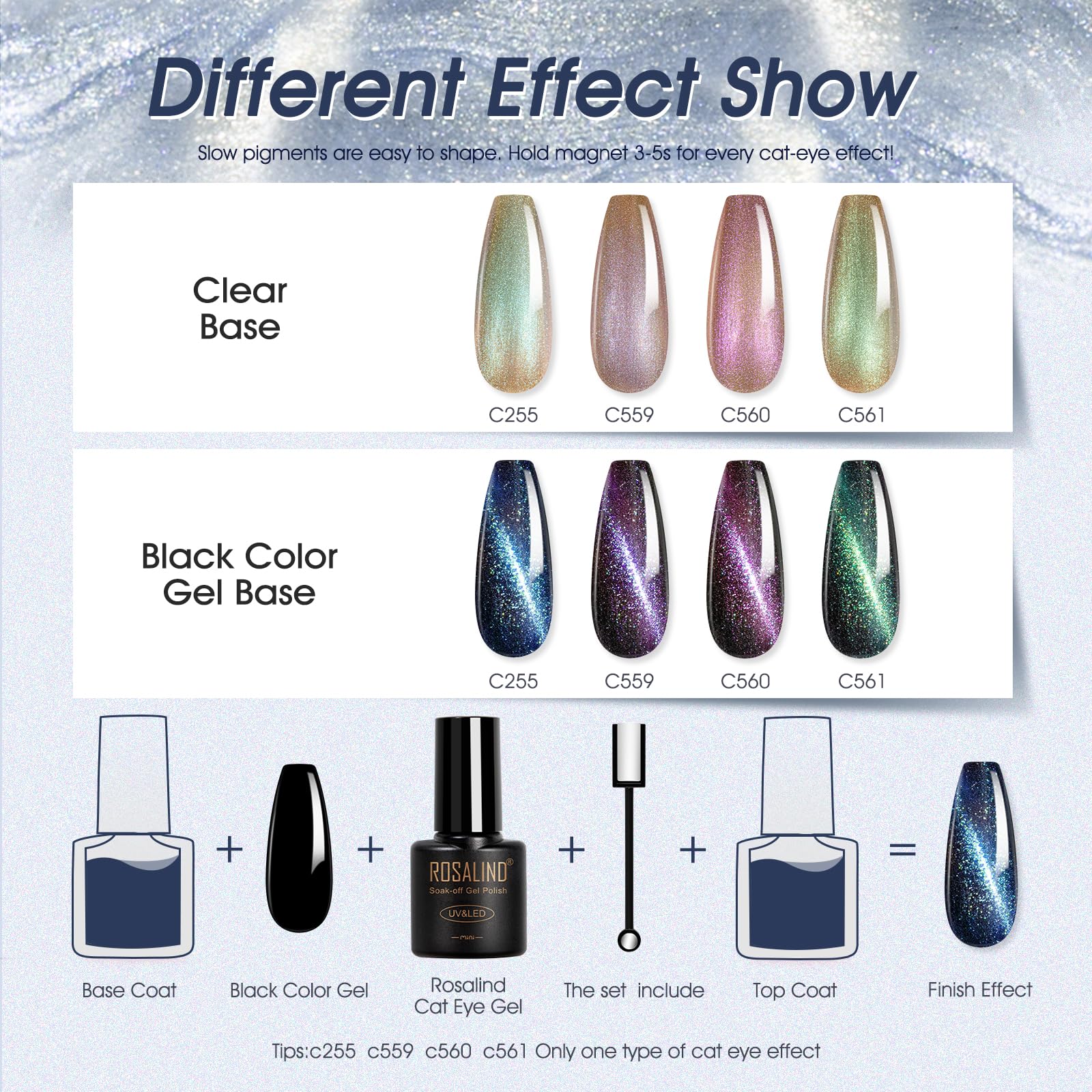 ROSALIND Cat Eye Gel Nail Polish with Magnet – 12 Mini Colors & Effects