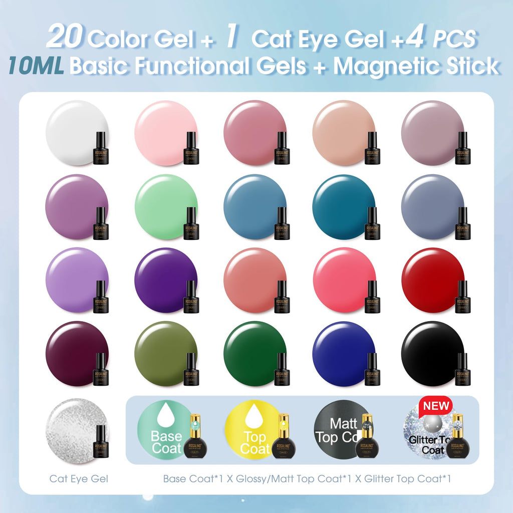 ROSALIND 25pcs Gel Nail Polish Set – 21 Colors + Cat Eye, Base & Top Coats, Soak Off UV/LED