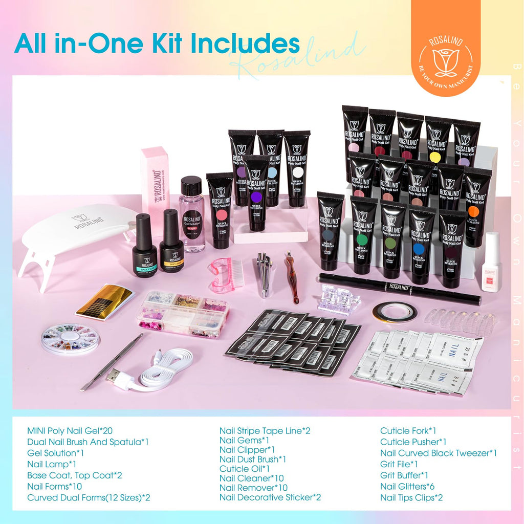 ROSALIND 20 Colors Poly Nail Gel Kit with Mini Lamp – All-Season Starter Set