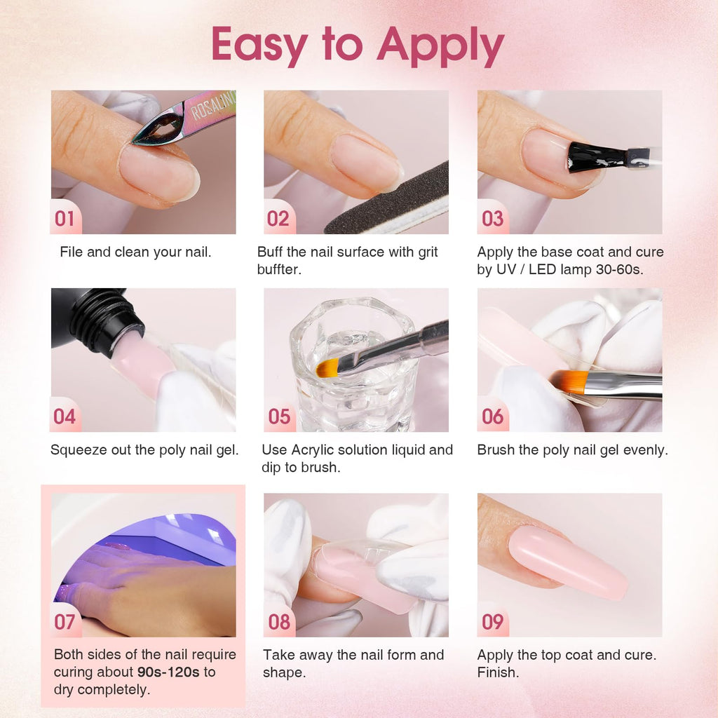 ROSALIND Poly Nail Gel Kit – 20 Colors + 72-Piece Nail Art Accessories Set with 48W Lamp