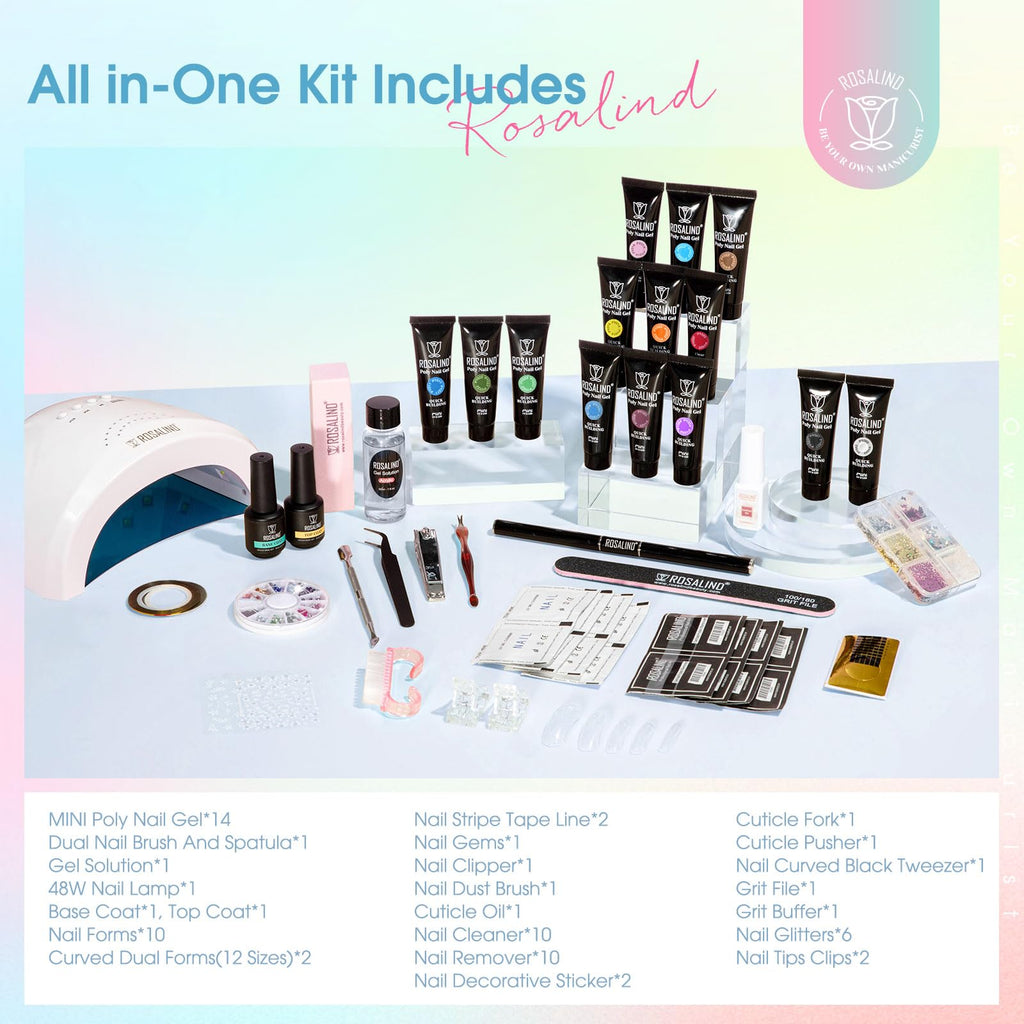 ROSALIND Colors Poly Nail Gel Kit – 14 Colors, 48W Lamp & Slip Solution Starter Set