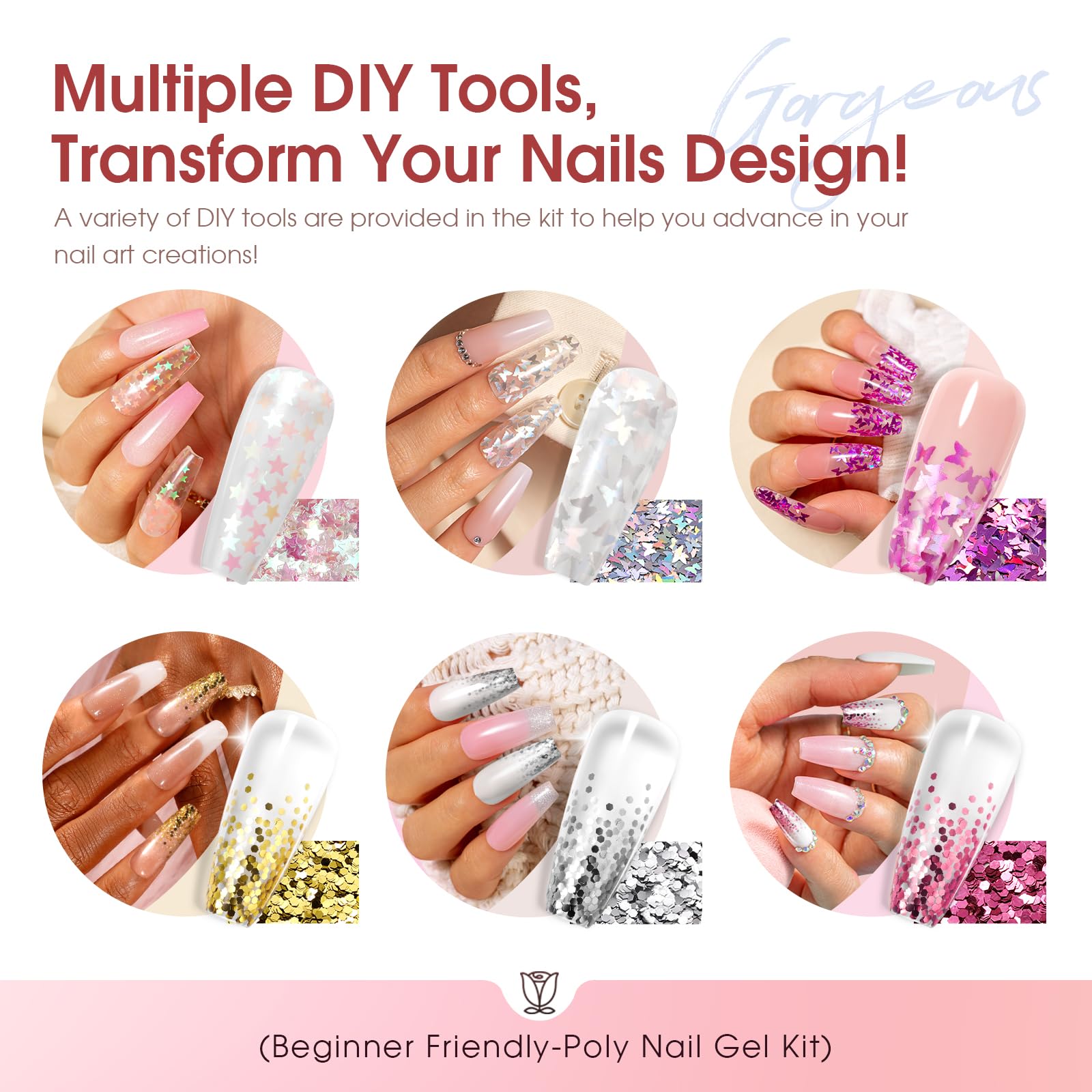 ROSALIND Poly Nail Gel Kit – 20 Colors + 76 Accessories, Starter Kit with Mini UV Lamp