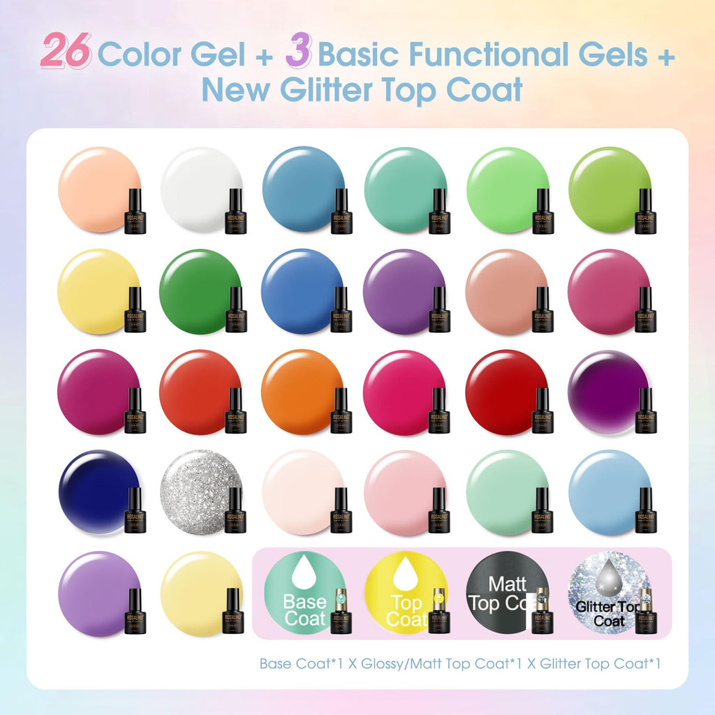 ROSALIND 30pcs Gel Nail Polish Set – 26 Neon Colors + Base Coat & Glitter Top Coats